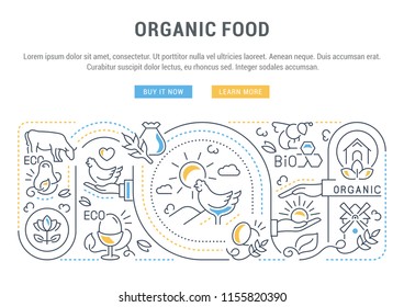 Line banner of food labels. Vector illustration of the organic food and ecological products.