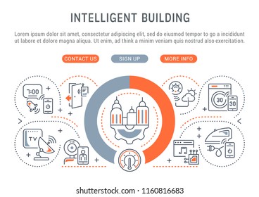 Line banner of intelligent building. Vector illustration of the linear concept of the smart home.