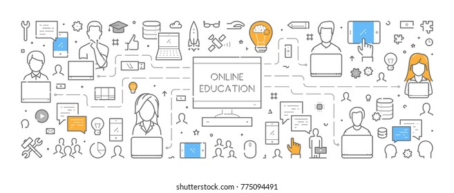 Line banner for online education. Linear web symbol for online university. Open path.