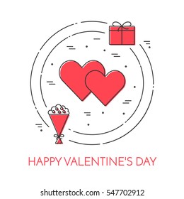 Line banner for Saint Valentines day and romantic date theme. Elements of love for greeting card in vector illustration.