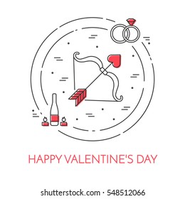 Line banner for Saint Valentines day and romantic date theme. Elements of love for greeting card in vector illustration.
