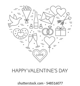 Line banner for Saint Valentines day and romantic date theme. Elements of love for greeting card in vector illustration.