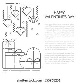 Line banner for Saint Valentines day and romantic date theme. Elements of love for greeting card in vector illustration.