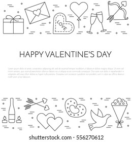 Line banner for Saint Valentines day and romantic date theme. Elements of love for greeting card in vector illustration.