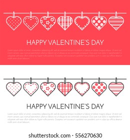 Line banner for Saint Valentines day and romantic date theme. Elements of love for greeting card in vector illustration.