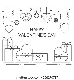 Line banner for Saint Valentines day and romantic date theme. Elements of love for greeting card in vector illustration.