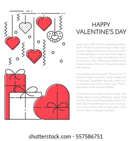 Line banner for Saint Valentines day and romantic date theme. Elements of love for greeting card in vector illustration.