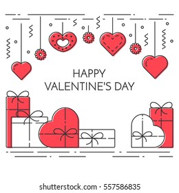 Line banner for Saint Valentines day and romantic date theme. Elements of love for greeting card in vector illustration.