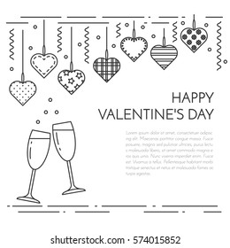 Line banner for Saint Valentines day and romantic date theme. Elements of love for greeting card in vector illustration.