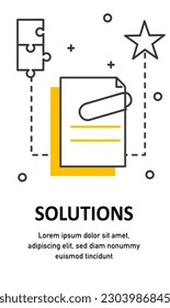Banner de línea con soluciones. Documento con clip. Procesos institucionales y organización de un flujo de trabajo eficaz. Papel en compañía. Cartel con encabezado. Ilustración vectorial plana