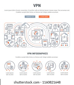 Line banner of VPN. Vector illustration of the linear concept of process network connections.