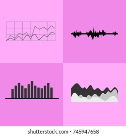 Line and bar graphs icons with vertical and horizontal axises, coordinate systems with grids and charts vector illustration isolated on pink background