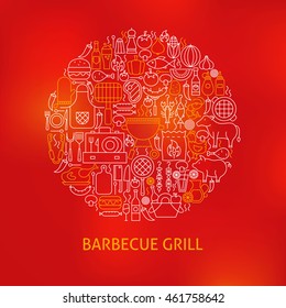 Line Barbecue Grill Icons Circle Concept. Vector Illustration of Food Outline Objects over Red Blurred Background.