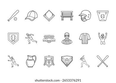 Line baseball icons set including bat ball cap helmet bench pitcher player other sport elements