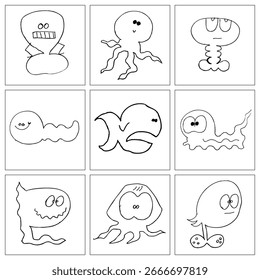 Linha, elemento básico de desenho. variedade de linha incluindo largura, comprimento, textura, espessura, para adicionar interesse a um desenho ou pintura. Conjunto de vetores abstratos desenhados à mão de diferentes caracteres engraçados.