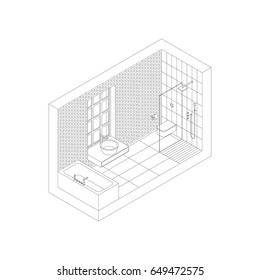 Line bathroom in isometric view. Vector illustration of bathroom with brick wall and window.