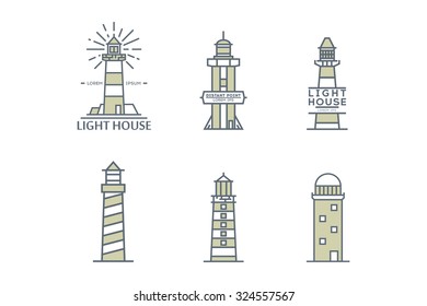Line beacon icons and labels. Stock vector.