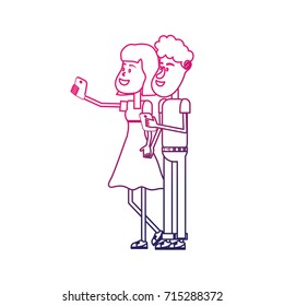 line beauty couple with hairstyle and smartphone in the hand