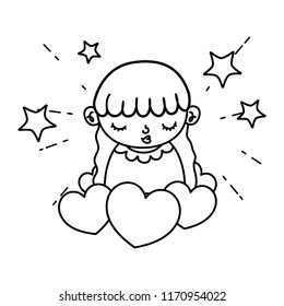 line beauty girl child with hearts and stars