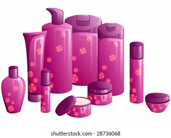 Line of beauty products, with a purple flower design (vector); a JPG version is also available