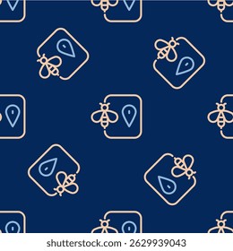 Line Bee location map pin pointer icon isolated seamless pattern on blue background. Farm animal map pointer.  Vector
