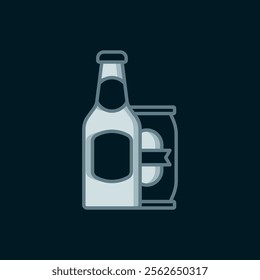 Line Beer bottle and beer can icon isolated on black background. Flat filled outline style with shadow. Vector