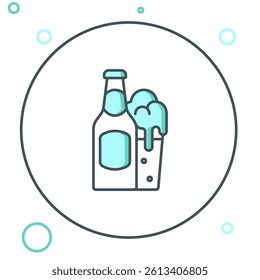 Line Beer bottle and glass icon isolated on white background. Alcohol Drink symbol. Colorful outline concept. Vector