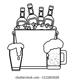 line beer bottle with ice cubes inside bucket