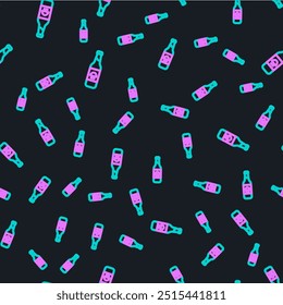 Line Beer bottle icon isolated seamless pattern on black background.  Vector