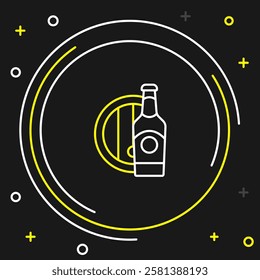 Line Beer bottle and wooden barrel icon isolated on black background. Colorful outline concept. Vector