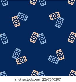 Line Beer can icon isolated seamless pattern on blue background.  Vector