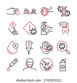 Línea de estilo bicolor conjunto de iconos diseño de la atención médica y cóvid 19 tema del virus Ilustración del vector
