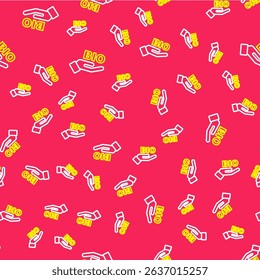Line Bio green healthy food icon isolated seamless pattern on red background. Organic product. Healthy food sticker.  Vector