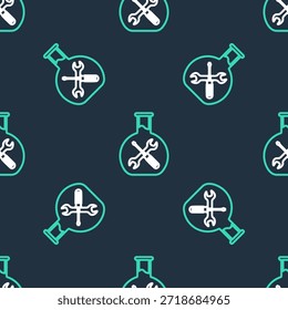 Linha Bioengenharia com chave de fenda e ícone de chave inglesa isolado padrão sem costura no fundo preto. Ajuste, serviço, ajuste, manutenção, reparação, fixação.  Vetor