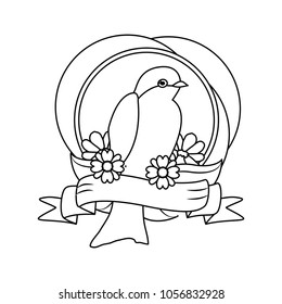 line bird animal with nature flowers and ribbon