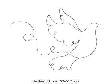 Line bird concept. Minimalistic creativity and art. Sketch and pencil sketch, white dove. Symbol of tenderness, peace and love, spring season, flying mascot. Cartoon flat vector illustration