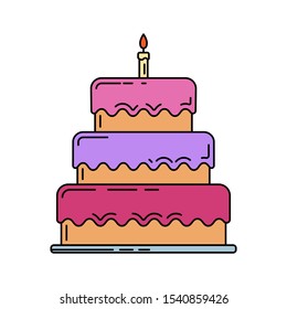 Line birthday cake, glaze pie with candle icon. Happy birthday. Party celebration, holidays event, carnival party element icon. Vector color design illustration. Sweet congratulation vintage symbols.