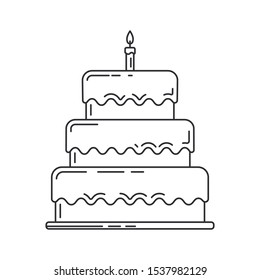 Line birthday cake, pie with candle icon. Happy birthday. Party celebration, holidays event, carnival party element icon. Vector linear design. Illustration vintage object. Congratulation symbols.