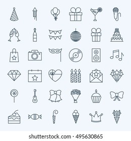 Line Birthday Party Icons. Vector Collection of Modern Thin Outline Celebration Symbols.