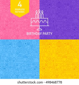 Line Birthday Party Tile Patterns. Four Vector Website Design Seamless Backgrounds. Celebration Event.