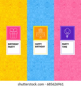 Line Birthday Patterns Set. Vector Illustration of Logo Design. Template for Packaging with Labels.