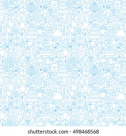 Line Birthday White Seamless Pattern. Vector Illustration of Outline Tile Background. Party Celebration.