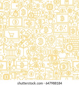 Line Bitcoin White Seamless Pattern. Vector Illustration of Outline Tile Background. Cryptocurrency Financial Items.