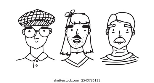 Línea de caras blancas de dibujos animados negros o cabezas de hombres con dibujos de retratos de bigote. Conjunto de Ilustración vectorial aislada sobre fondo blanco