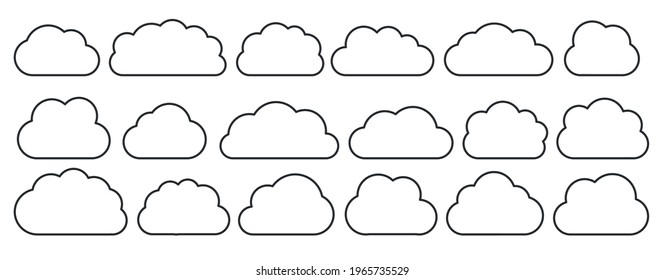 Line black empty flat vector cloud set. Clouds cartoon symbols on white background for web site design, logo, app. Bubble icon collection for infographic design. Label and stickers