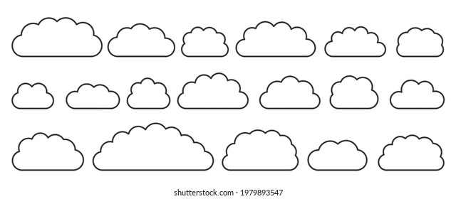 Line black empty flat vector cloud set. Clouds cartoon symbols on white background for web site design, logo, app. Bubble icon collection for infographic design. Label and stickers