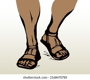 Line black hand drawn antique alone old bible god prophet. Dirty guy body boot jog icon sign retro cartoon art. Close up view fit female girl hard stride run move pace leave dirt sand land track trip