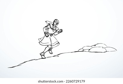 Line black hand drawn fast flee late go walk fly path way sky. Luxury noble dress cloth jewish male guy active human girl move flight leave desert sand dune road retro age east Arab story art sketch