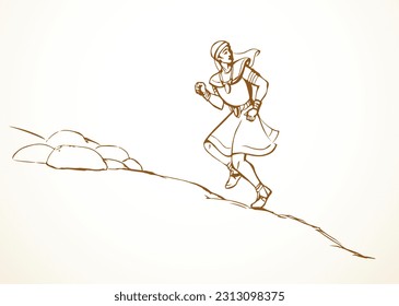 Line black hand drawn fast flee late go walk fly path way sky. Luxury noble dress cloth jewish male guy active human girl move flight leave desert sand dune road retro age east Arab story art sketch