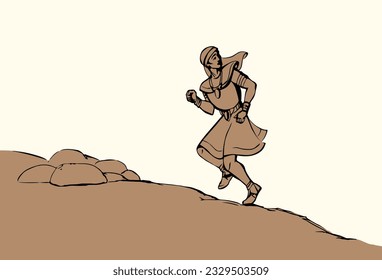 Line black hand drawn fast flee late go walk fly path way sky. Luxury noble dress cloth jewish male guy active human girl move flight leave desert sand dune road retro age east Arab story art sketch
